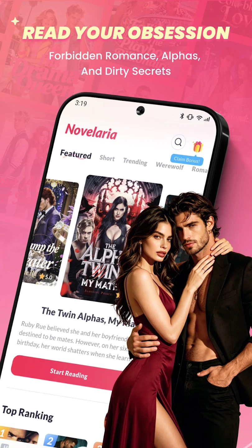 Novelaria genre selection screen with Alpha, Werewolf, Romance, and Billionaire categories